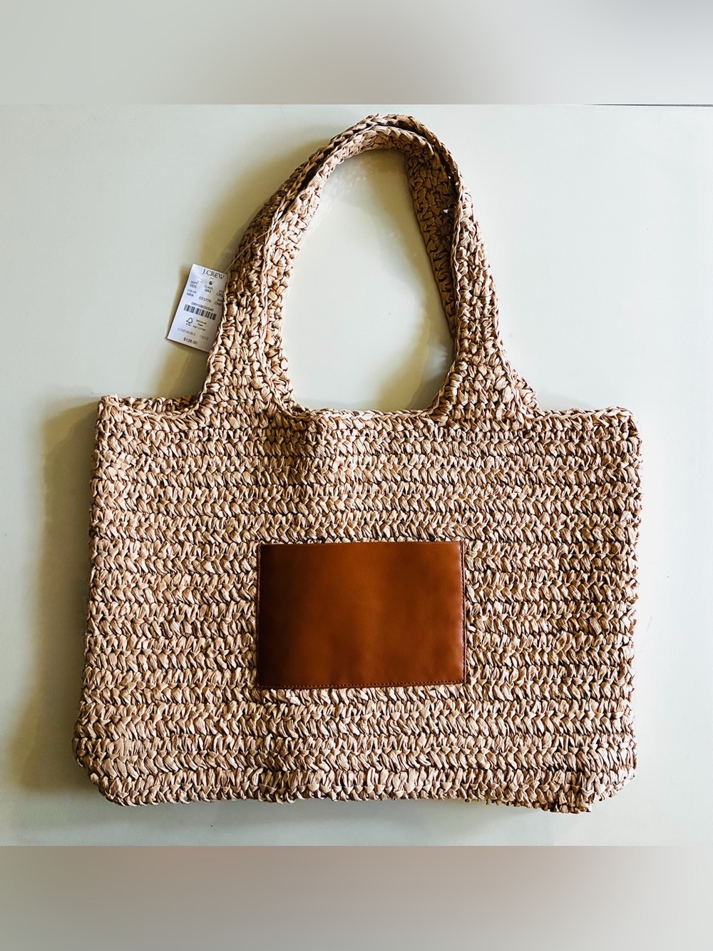 J. Crew Factory Packable straw tote bag Natural Straw Tote with Tan Patch.NWT. - Picture 2 of 16